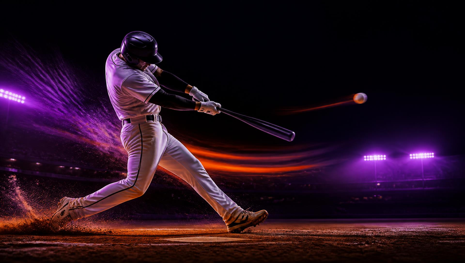 Baseball player driving through a powerful swing under purple and orange stadium lights